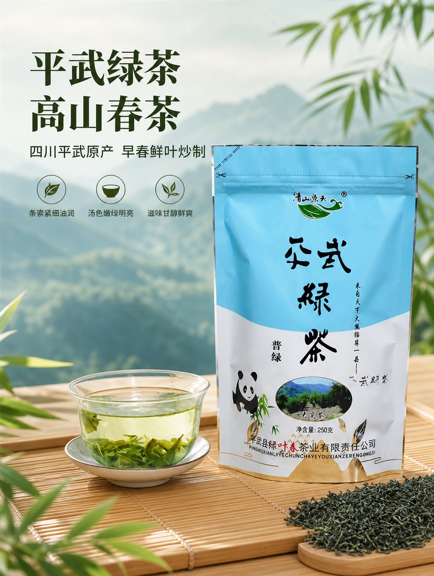 [商品] 使用【图5】平武绿茶袋装产品正面 + 【图1】玻璃杯… - 图片创意预览