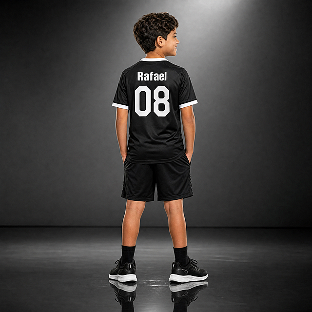 替换男孩模特衣服为图2背面球衣，将背面上的YOURNAME改为Rafael，00改为08，展示球衣背面，模特微微侧头看向侧面，保持原深炭灰色渐变摄影棚场景不变，调整人物光影和投影匹配当前场景