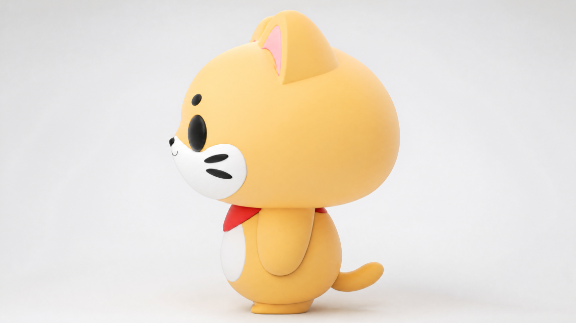 把这张小猫线稿还原为软萌3D手办质感，整体是哑光柔雾质感的软塑胶搪胶手办，和盲盒玩偶触感相似，软润不廉价。主体橙黄色部分是低反光哑光材质，细腻无纹理，凸起位置有柔和模糊高光；白色口鼻肚子部分同材质亮度预览效果