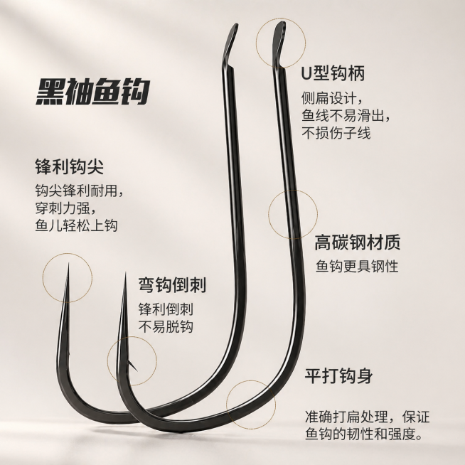 参考第二张图片的高端光影质感、浅米色背景和简约排版风格，重新美化第一张鱼钩产品图，保持第一张图所有文字内容和鱼钩产品结构不变，只是改成第二张图的质感和风格，保持原文字位置和内容不变预览效果