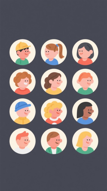 十二个人物头像图标，采用简约扁平风格，圆形构图，每个头像都有不同的发型和服装颜色，包括戴帽子的男孩、扎马尾的女孩、卷发的女士等，人物面部表情温和，线条流畅，色彩明快，背景为浅色圆形，整体排列整齐，具有现代设计感。预览效果