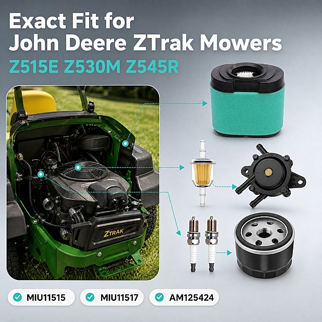 [主图-2] 精准适配卖点图，展示6合1套件与John Deere ZTrak零转向割草机的兼容关系。
[统一基调] 跨境工业风，浅冷灰色渐变背景，主标题白色粗体无衬线，辅助文字浅灰，强调色为青绿色（与空气滤同色），卡片圆角简洁。
[画面] 画面右侧为套件全部6件配件的组合陈列（空气滤、燃油滤、燃油泵、2火花塞、机油滤），左侧为John Deere Z515E Z530M Z545R ZTrak零转向割草机的局部引擎舱场景小窗（真实草坪环境，割草机局部特写），用细线+箭头示意套件各部件对应安装位置。画面上方大标题，下方配3个兼容OEM编号胶囊标签。
[光影质感] 商业摄影质感，产品光影与场景光统一，金属件反光自然，海绵滤材质感真实。
[配色] 浅冷灰背景，标题深灰/黑色，强调色青绿色，标签白底深字。
[文字版式] 顶部主标题"Exact Fit for John Deere ZTrak Mowers"，副标题"Z515E Z530M Z545R"，底部三个胶囊标签分别写"MIU11515"、"MIU11517"、"AM125424"，全部英文无衬线字体，左对齐排版，不遮挡产品主体。
[输出要求] 1:1正方形，2048*2048，文字清晰可读，产品清晰，无变形、错字、水印、平台Logo。