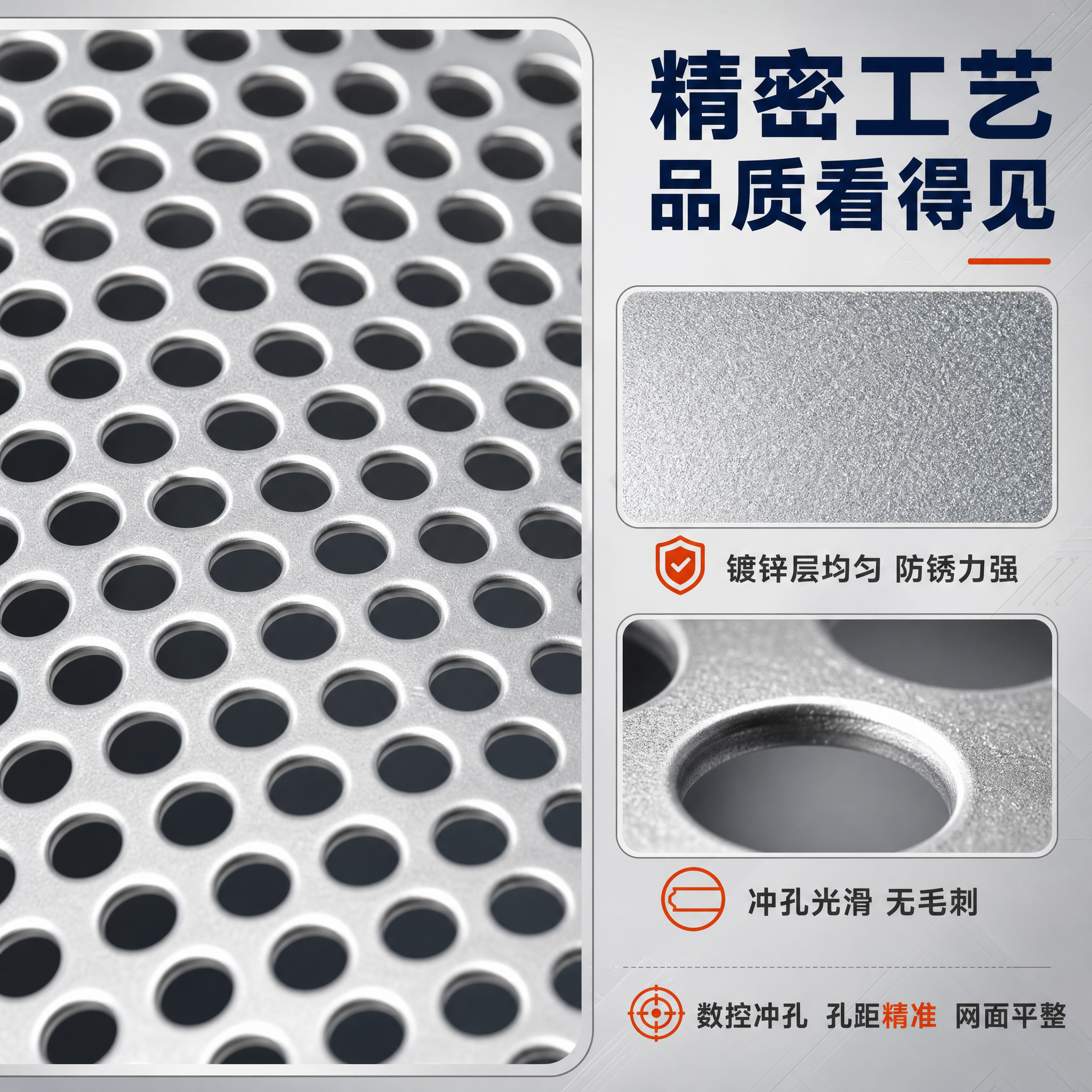 [主图-3] 镀锌冲孔网材质工艺细节展示，突出镀锌层质感、冲孔… - 图片创意预览