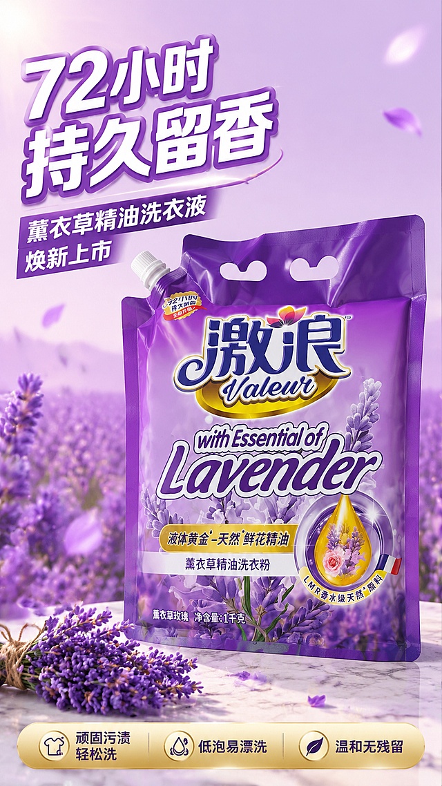 [第1屏] 详情页头图-激浪薰衣草精油洗衣液新品宣传海报。本屏使用【图1】作为商品主体。
[氛围/风格] 清新浪漫薰衣草紫调，温馨家居氛围，商业摄影质感，抖音电商竖版海报风格。
[元素布局] 洗衣液袋置于画面中央偏右，占比约55%-60%；左侧为薰衣草花田虚化背景，紫色花瓣飘散；底部为浅色大理石台面，散落几支新鲜薰衣草花束；产品包装结构、颜色、品牌logo与输入产品图完全一致，紫色袋身、激浪Valeur品牌标识、Lavender英文字样清晰保留。
[光影质感] 左上方柔和自然光，右侧补光，产品正面高光均匀，底部自然投影，整体通透明亮，紫色调温润高级。
[配色色系] 全局底色渐变 #E8D5F0 到 #C9A8E0；主色薰衣草紫；辅助色金色、白色、淡粉。
[视角构图] 正面微仰视，产品为视觉中心，阅读动线左上标题 → 中部产品 → 底部卖点条。
[文字版式] 版式为左上大标题 + 中部产品 + 底部卖点信息条。主标题「72小时 持久留香」，副标题「薰衣草精油洗衣液 焕新上市」，黑体加粗白字带紫边；底部金色信息条内含三个卖点标签：「顽固污渍轻松洗」「低泡易漂洗」「温和无残留」；文字不遮挡产品主体。
[比例分辨率] 9:16 竖版比例，4K 分辨率，文字清晰可辨，高清画质。
[负向提示词] 产品变形，包装文字错乱，颜色偏差，水印，文字过小，缺件错件，背景杂乱，产品图模糊。