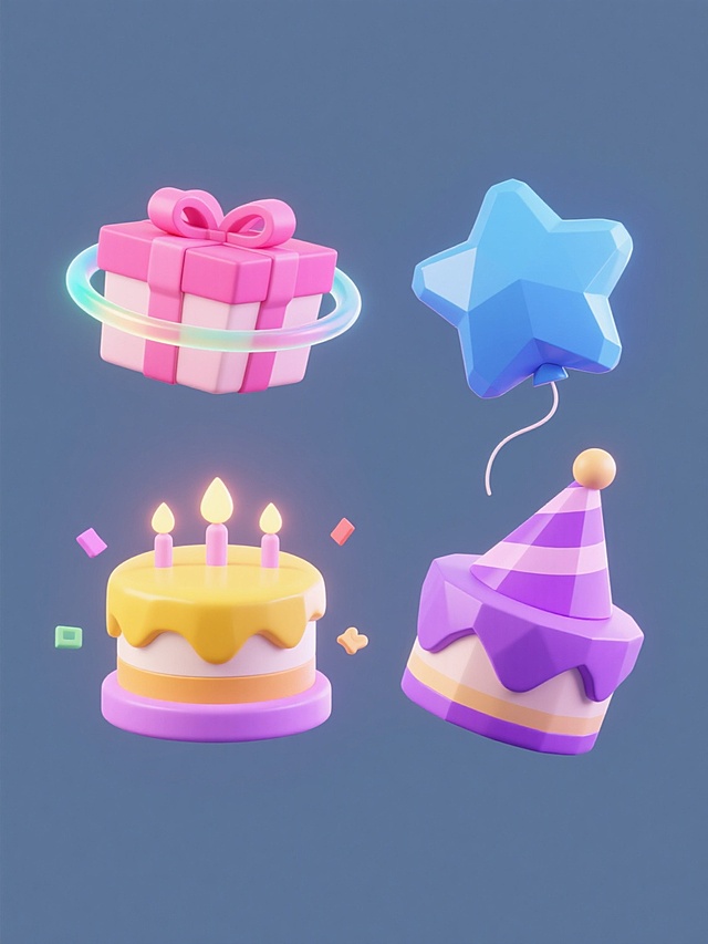 一套4个不同元素的3D渲染图标集合，保持圆润可爱的低多边形3D风格，每个元素都有光滑的渐变表面、柔和的高光和轻微的阴影，搭配半透明的彩色光环装饰，元素分别为粉色爱心礼盒、蓝色星星气球、黄色生日蛋糕、紫色派对帽，每个元素周围有对应的小装饰图标，整体色彩变换为各自主题色，所有元素规整排布在纯色背景上，保持统一的光影效果和材质质感，营造出欢快喜庆的氛围