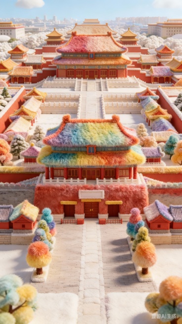 建筑整体呈现出全毛绒质感的风格，毛绒有层次感，毛绒颜色为彩虹色调。建筑保留原始形状，各个部分都如同被几种颜色柔软的毛绒材质精心包裹预览效果