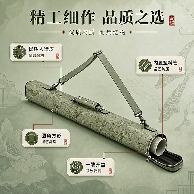 [商品] 使用【图1】豆绿色锦鲤荷花浮雕琴弓盒；商品处理：保留圆角方形长筒结构、一端开盒设计、银色拉链、塑料管+人造皮材质结构、黑色包边；增强材质对比感，清晰展示外壳结构与开盒方式，不改变版型和颜色。
[画面] 目标：材质与结构解析页。构图：弓盒横卧斜放于画面中央，占画面约60%，一端拉链半开展示内部管口结构。从弓盒不同部位引出4条标注线指向四周，分别说明材质与结构。背景为豆绿色渐变搭配几何线条装饰，呈现产品解析的专业感。
[视觉] 套系策略：风格=新中式东方美学高级商业摄影，4K电影级质感；标题字=宋体衬线粗体，带东方韵味；正文字=现代简洁无衬线体；主色=豆绿色（浅灰绿）；背景延展=基于豆绿色做深浅水墨晕染渐变、宣纸纹理质感、同色系层次过渡；强调色=朱砂红（仅用于小面积印章、图标点缀、引线标签）；标题色=深墨绿近黑；正文色=深灰绿；组件=圆角宣纸质感信息卡、细线引线、朱砂红印章点缀；光影=左前侧柔和自然光，侧逆光勾勒轮廓，营造电影级体积感。
[文字] 顶部主标题「精工细作 品质之选」，副标题「优质材质 耐用结构」。4处引线标注：「优质人造皮 耐磨耐刮」「内置塑料管 坚固防压」「圆角方形 握感舒适」「一端开盒 取放便捷」。全部文字横排，不遮挡产品主体。
[规格] 图片比例1:1方版，4K超清，负向提示：避免变形、错字、文字过小、冷蓝背景、产品颜色改变、结构失真、白底孤立、引线杂乱。
