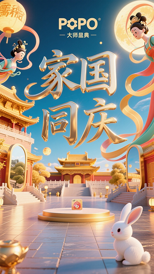 大师级排版设计，（字体标志"家国 同庆”，两行错排；创意字体设计，线条流畅且富有艺术感，将字体进行抽象变形，创造出独特的节奏和动感，给人以强烈的视觉冲击。流畅立体字，金属质感，金属里泛着金色光晕，金属艺术，高级感）。 广场中间空出产品位置，采用嫦娥的POV视角，左下角有只小白兔，金碧辉煌的宫殿背景，暖调配色，温馨的中秋氛围，动态感，大透视，镜子特写