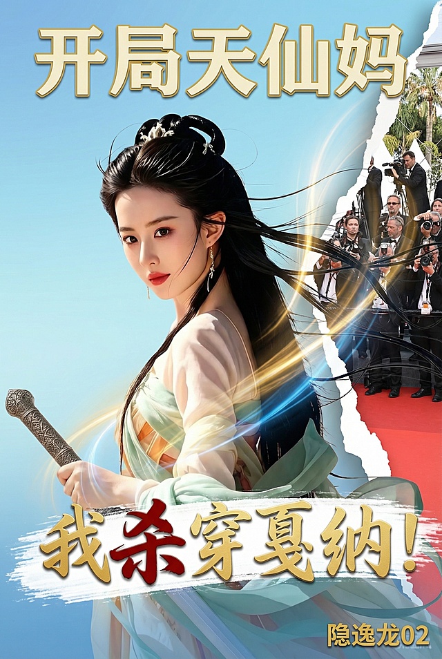 将图片左侧保留持剑古风女子，背景改为天蓝渐变；右侧制作撕裂效果露出戛纳红毯和人群，撕裂线用金色+蓝色光流贯穿，撕裂边框为白色不规则毛边，人物边缘添加金色流光连接两侧。添加文字：顶部居中用米白#F5F5DB带金色描边#D4AF37的行楷字体，飘逸笔触有悬浮感的“开局天仙妈”；中下部用最大占宽80%的书法体，“杀”为血红#8B0000其余为金色#D4AF37，带飞白纹理立体浮雕的“我杀穿戛纳！”；右下角用金色#D4AF37小字行楷的“隐逸龙02”