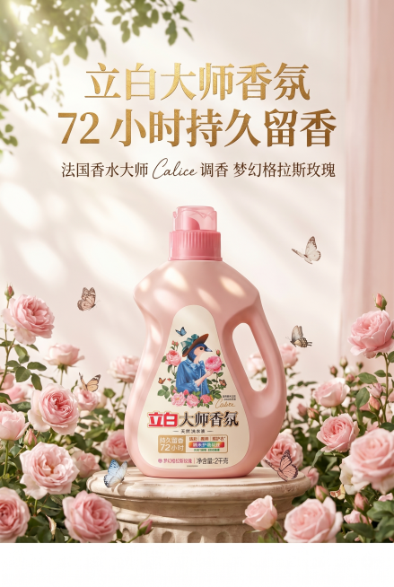 2:3竖版电商详情首屏KV主视觉，马卡龙清新风+法式复古风，整体色调为柔粉色、米白色、浅玫瑰色，高级哑光质感。画面中心严格还原这张立白大师香氛洗衣液产品图，产品尺寸比例1:1，产品置于法式复古花园场景预览效果