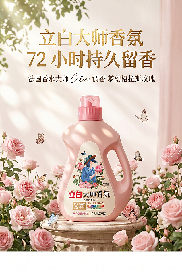 2:3竖版电商详情首屏KV主视觉，马卡龙清新风+法式复古风，整体色调为柔粉色、米白色、浅玫瑰色，高级哑光质感。画面中心严格还原这张立白大师香氛洗衣液产品图，产品尺寸比例1:1，产品置于法式复古花园场景中，周围环绕盛开的格拉斯玫瑰与飞舞的蝴蝶，阳光透过树叶洒下柔和光斑。字体采用大小层级排版+粗细对比排版，主标题 "立白大师香氛 72 小时持久留香" 使用加粗无衬线字体，搭配鎏金烫金质感特效，位于画面上方居中；副标题 "法国香水大师 Calice 调香 梦幻格拉斯玫瑰" 使用纤细手写字体，位于主标题下方；底部留白，整体构图居中对称，氛围感拉满，高级浪漫。