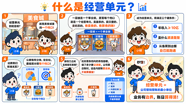 基于参考图修改，保持横版六格漫画结构、蓝橙配色和原有内容，优化文字让所有文字更清晰锐利，把小财形象修改为更加拟人化的人类形象，保持可爱风格，其他内容不变