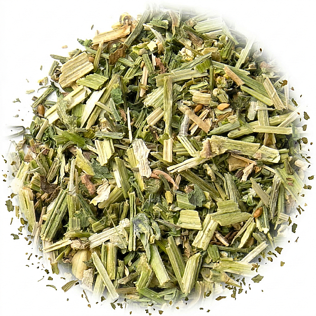 调整草本边缘，让整体过渡更自然，维持圆形自然堆放形态，保持干燥草本质感和纯白色背景，边缘散落的碎草更自然真实。