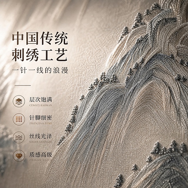 淘宝天猫电商主图，1:1正方形，2K分辨率，刺绣硬包背景墙细节展示图，画面主体为刺绣局部超高清特写，展示刺绣山水图案层次饱满，针脚细密整齐，丝线具有细腻的光泽感和肌理质感，皮革底材纹理清晰可见，左侧配文字说明："中国传统刺绣工艺 一针一线的浪漫"，下方文字："层次饱满 针脚细密 丝线光泽 质感高级"，新中式高端质感，微距摄影，商业产品摄影，光影柔和突出材质细节清晰