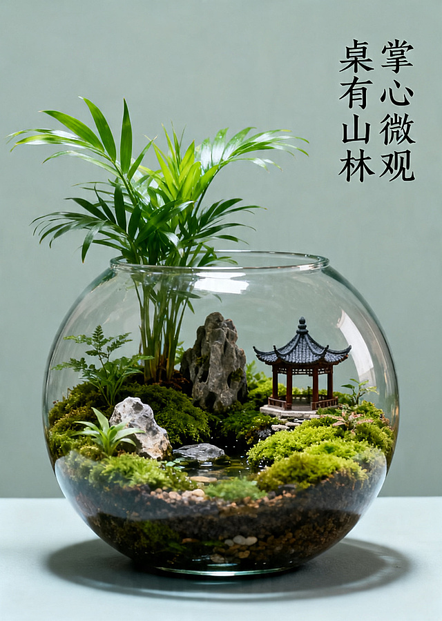 详情页第二张，浅黛色背景，高硼硅玻璃球形鱼缸内做微观植物造景，布置有绿植苔藓小假山和中式凉亭，配文"掌心微观 桌有山林"，中国古风意境，真实质感，产品展示图