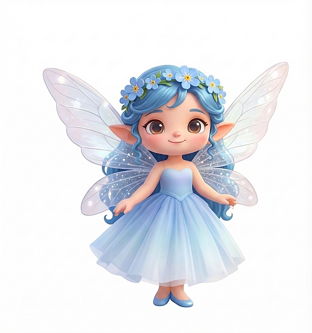 3D卡通Q版公主小精灵，白色背景，有着蓝色的长发，头发上点缀着蓝色的勿忘我小花环，长着尖耳朵，大大的棕色眼睛，面带软萌的微笑，背后有透明的闪着细碎光点的昆虫翅膀，穿着淡蓝色的渐变纱裙，脚上是小巧的蓝色鞋子，整体风格和参考图一致，可爱治愈，立体圆润