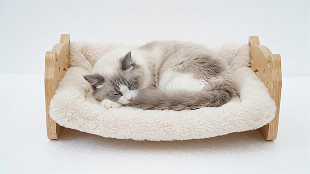 在这个猫窝里添加一个柔软的猫垫，一只可爱的布偶猫正蜷在猫垫上睡觉