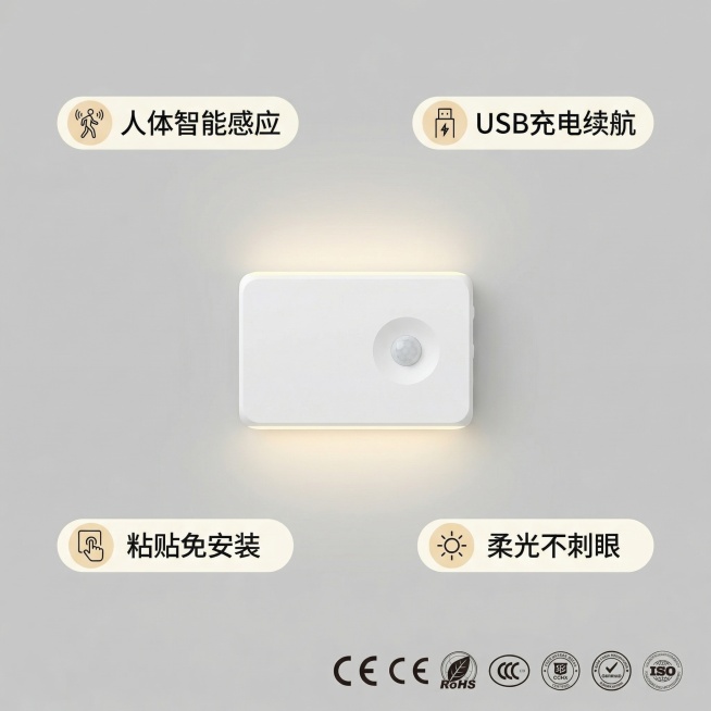 主图5：展示产品核心参数和品质，浅灰色背景，小夜灯居中放置，四周环绕四个胶囊卖点标签："人体智能感应" "USB充电续航" "粘贴免安装" "柔光不刺眼"，字体黑色，标签浅色，整体构图均衡简洁，突出产预览效果