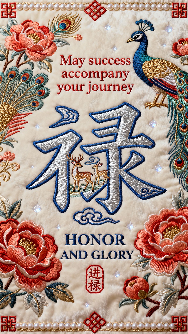 刺绣风融合工笔细节，大字“禄”居中，配孔雀、祥鹿与牡丹，浮雕质感突出，中式古典喜庆氛围浓郁，传递荣耀祝福。