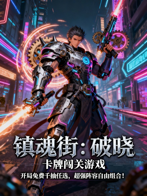 生成一款高人气超燃国漫《镇魂街》正版IP授权放置卡牌游戏风格的宣传图片5张“镇魂街：破晓”为主标题字体醒目突出，每张图片上字体颜色和类型不同“热门卡牌二次元手游推荐”“卡牌闯关游戏”“放置卡牌手游”为预览效果