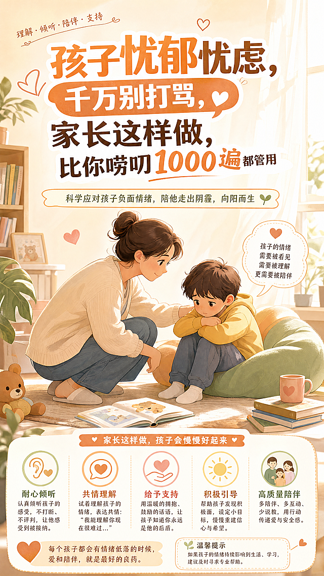 育儿科普宣传图，主题为孩子忧郁忧虑科学应对，主文案为"孩子忧郁忧虑，千万别打骂，家长这样做，比你唠叨1000遍都管用"，风格温暖治愈，柔和暖色调，温馨亲子陪伴场景，整体积极正向，无违规内容