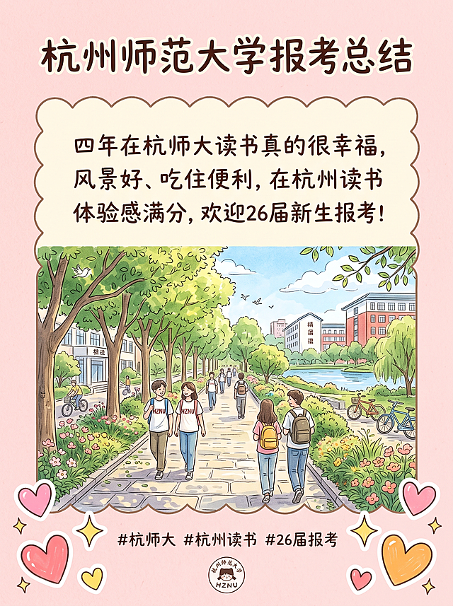 杭州师范大学报考总结内容页，3:4竖版，手绘风简约模板，淡粉色底色，配图是校园小路林荫抓拍图，正文短句为"四年在杭师大读书真的很幸福，风景好、吃住便利，在杭州读书体验感满分，欢迎26届新生报考！"，底部添加爱心和星星装饰贴纸