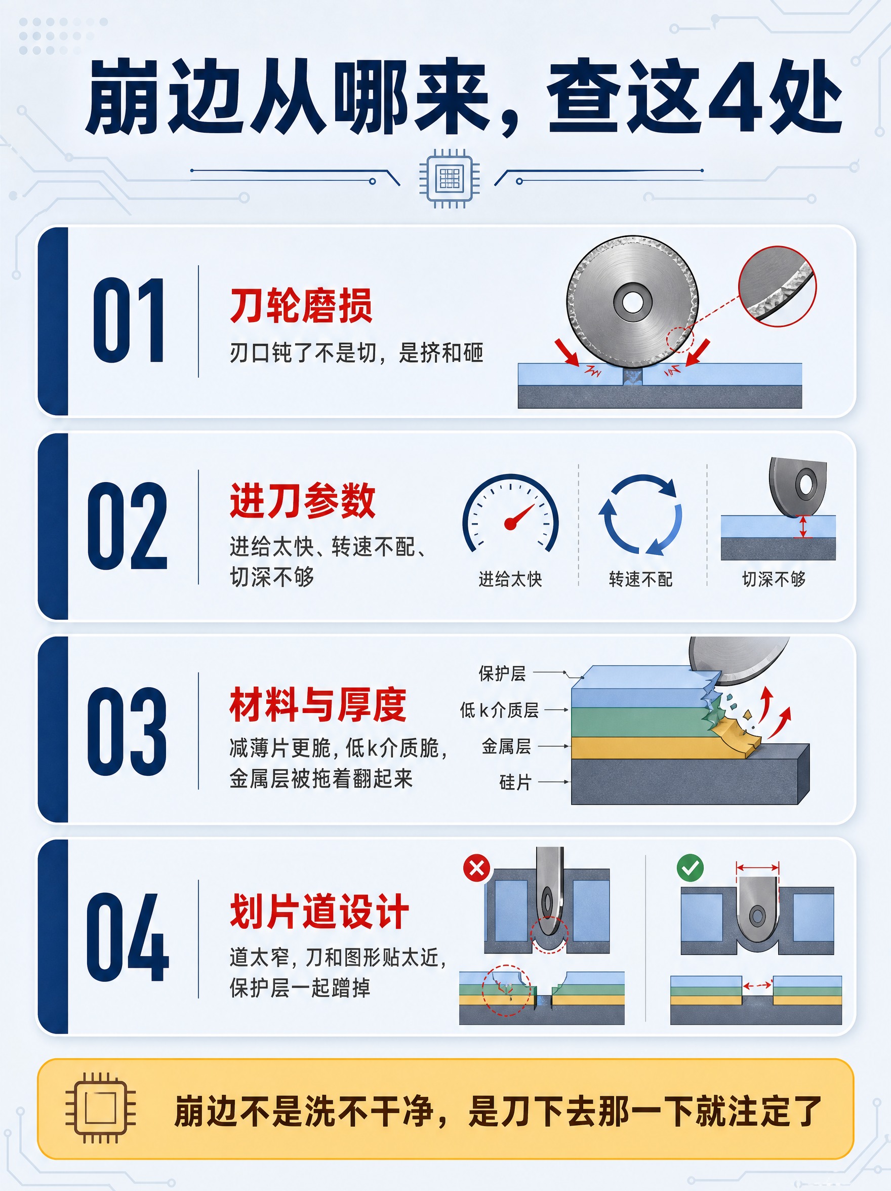 信息图，标题："崩边从哪来，查这4处"。四个横向圆角卡片纵向排… - 图片创意预览