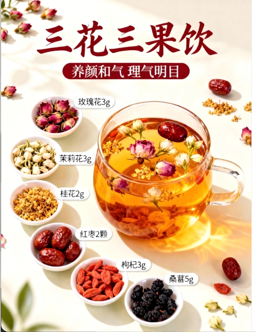 基于原图生成一个可编辑的三花三果饮养生茶配方模板，保留原图片中所有的文字内容和食材布局，整体风格清晰自然预览效果