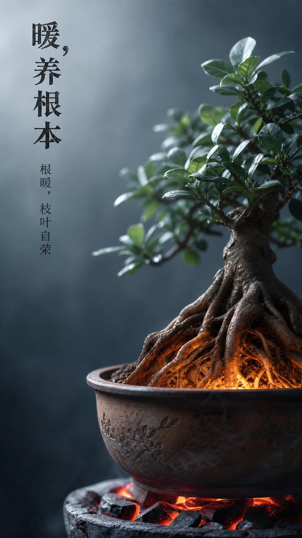 超写实商业级微距摄影，国风意境，雄奇想象。画面主体：一盆古朴的… - 图片创意预览