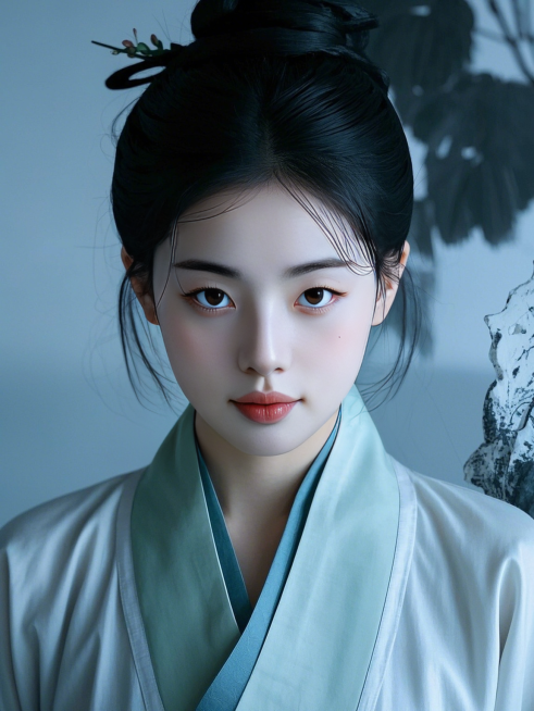 女生，汉服写真照，国风，纯色背景，无前景遮挡，半身照预览效果