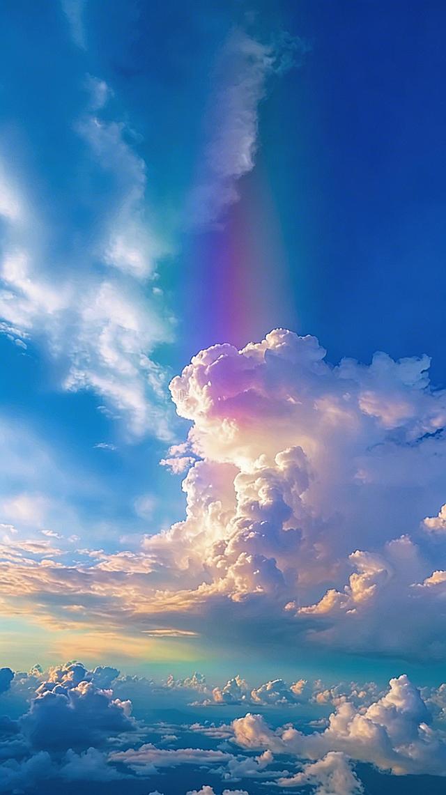 去除图片中所有花瓣水印，保留原本的蓝天白云和彩虹内容，保持画面自然纯净，画质清晰