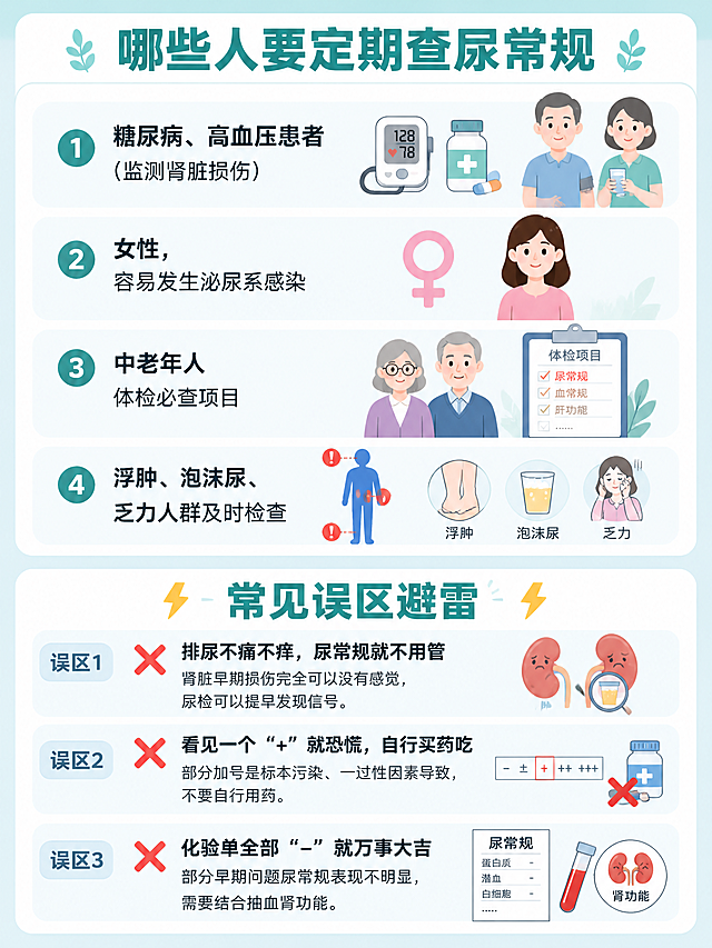医疗科普扁平插画风格，配色清爽，蓝绿色调为主。哪些人要定期查尿常规 + 常见误区避雷。上半部分标题："哪些人要定期查尿常规"，配人群图标。四条带图标：1.糖尿病、高血压患者（监测肾脏损伤）配血压计/药瓶图标；2.女性，容易发生泌尿系感染配女性符号；3.中老年人体检必查项目配老人图标；4.浮肿、泡沫尿、乏力人群及时检查配警示人体图标。下半部分标题："常见误区避雷"配闪电/避雷图标。三个误区带红色叉号❌：误区1：排尿不痛不痒，尿常规就不用管→肾脏早期损伤完全可以没有感觉，尿检可以提早发现信号。误区2：看见一个"+"就恐慌，自行买药吃→部分加号是标本污染、一过性因素导致，不要自行用药。误区3：化验单全部"-"就万事大吉→部分早期问题尿常规表现不明显，需要结合抽血肾功能。扁平插画风格，非写实非油画非厚涂