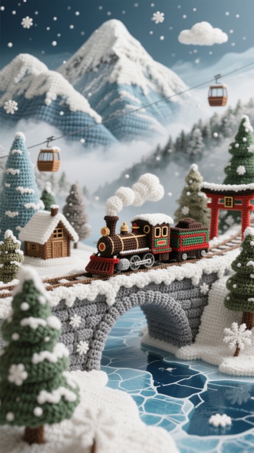 超精细手工钩针编织风格的世界冬季旅游景点全景，以深棕、红绿彩纹相间的复古蒸汽火车为视觉中心，行驶在覆盖着蓬松白色钩针"积雪"的灰色石拱桥上，桥下是蓝白交错、带有裂纹纹理的钩针"结冰湖面"。火车周围环绕预览效果
