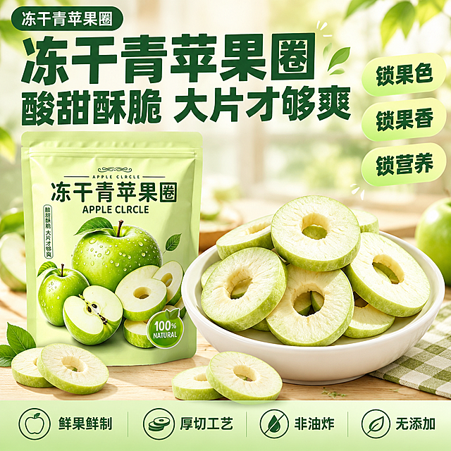 [单张主图] 冻干青苹果圈 拼多多爆款促销感主图，1:1比例，目标是3秒内传达卖什么、强在哪、为何买，强食欲感+强转化。

[参考比对] 参考图版式为：左上角品牌位，顶部超大主标题分两行，右侧三个圆角黄色卖点标签竖排，左侧产品包装袋，右侧一大碗实物产品占据画面主体，背景为暖调虚化室内场景，整体左文右品+右侧卖点标签布局。本次生成沿用该版式结构，替换为冻干青苹果圈产品和青苹果绿色系，卖点标签改为右侧竖排三个圆角标签。

[画面主体] 画面左侧放置冻干青苹果圈包装袋（与输入图1外观完全一致：浅绿色自立袋、深绿色大字「冻干青苹果圈」、英文APPLE CLRCLE、青苹果图案、绿色圆形标、左侧竖排「酸甜酥脆大片才够爽」），包装袋占画面约35%，竖直摆放，袋身有自然曲面和光影，标签文字清晰不扭曲。画面右侧放置一大碗冻干青苹果圈（与输入图2外观一致：淡绿色厚切苹果圈、外圈带青绿色果皮、内圈米白色果肉、环形去核、表面有冻干后的细腻纹理），苹果圈堆叠饱满，部分圈片微微翘起，碗为白色陶瓷碗，碗和苹果圈共占画面约50%，是视觉重心。前景散落2-3片单独的苹果圈增加层次感。

[构图版式] 采用「左文右品标签参数型」爆款版式，左侧上半区为标题区，左侧下半区为包装袋；右侧为大碗苹果圈实物；右侧边缘竖排三个卖点标签；底部有浅绿渐变信息条。信息层级：主标题 > 卖点标签 > 产品主体 > 底部信息。

[场景元素] 背景为清新的青苹果绿渐变+浅米色虚化果园/厨房场景，有柔和的光斑和绿叶虚影，营造新鲜自然氛围；底部是浅米色台面，产品投下柔和接触阴影。右侧竖排三个圆角矩形标签，标签底色为浅青绿色渐变，文字为深绿色。底部有一条半透明浅绿色信息条，横向排列工艺卖点小图标。

[文案版式] 左上角品牌位：深绿色圆角矩形底，白色小字「冻干青苹果圈」。顶部主标题分两行，第一行「冻干青苹果圈」，第二行「酸甜酥脆 大片才够爽」，字体为超粗黑体，深绿色，字号极大，占据左上区域。右侧竖排三个卖点标签，从上到下依次为：「锁果色」「锁果香」「锁营养」，每个标签内文字为深绿色粗体，标签为圆角矩形浅绿底。底部信息条从左到右四个小图标+文字：「鲜果鲜制」「厚切工艺」「非油炸」「无添加」，文字为深绿色中号字体。所有文字横排，清晰可读，不遮挡产品主体。

[光影质感] 自然暖阳逆光从右上方斜射，苹果圈表面有通透光泽，冻干纹理清晰可见，碗边有柔和高光，包装袋有自然曲面反光，整体商业食品摄影质感，景深适中，背景虚化，主体锐利清晰。

[配色字体] 主色：青苹果绿（参考袋子颜色）；辅助色：浅绿、米白、深绿；强调色：深绿。字体：主标题超粗黑体，卖点标签粗黑体，底部信息常规黑体，整体无衬线字体家族统一，字重对比强烈。

[比例分辨率] 1:1正方形，2k高清，文字清晰可辨。

[负向提示词] 产品变形、包装袋文字错字糊字、苹果圈形态错误、水印、伪Logo、主体模糊、背景杂乱、悬浮感、穿模、手指畸形、人物出现、平台Logo、拼多多字样、绝对化用语、医疗功效宣称、二维码、联系方式。