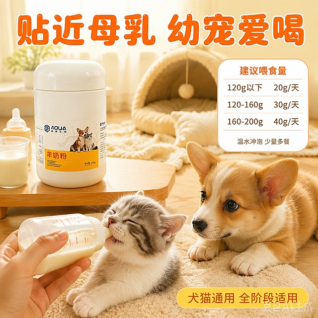 [主图-4] 宠物羊奶粉喂食场景图 奶瓶喂奶温馨画面。
[氛围风格] 温馨治愈场景 幼宠喝奶 暖黄调 有生活感 奶香味。
[画质] 商业摄影质感 自然光感 场景真实温馨 产品清晰 宠物可爱。
[元素] 温馨居家场景 浅木色地板 米色小毯子 温暖的阳光从窗边照进来。画面中心偏左是白色羊奶粉罐子 放在木色小桌子上 产品占画面约25%。罐子旁边有奶瓶和冲好的羊奶杯。前景中一只手拿着奶瓶喂一只可爱的小奶猫 小奶猫闭着眼睛用力吸奶 表情满足可爱 小奶猫占画面约25%。旁边还有一只小柯基幼犬趴着看 期待的表情。右侧有用量说明卡片。背景有宠物窝和小毯子 场景丰富温馨。保持白色罐子外观与输入产品图一致 杜绝变形和色差。宠物与产品空间关系合理 有真实接触感。手部只露出持奶瓶的局部 避免复杂结构。
[光影] 模拟窗边自然光 从左上方柔和射入 暖色调 罐身和宠物毛发有自然光泽 奶液有通透感 地板有柔和阴影 整体温馨明亮 像午后的阳光。
[配色] 主色暖黄色 木色 奶白色 辅色米色毯子 暖黄色阳光 整体温暖治愈。
[视角构图] 平视略微俯视 场景化构图 前中后景分层 产品和宠物在中景 右侧信息卡片 景深较浅 背景虚化突出主体。
[文字版式] 顶部超大号粗体圆体深橙色字 写"贴近母乳 幼宠爱喝" 字大有亲和力。右侧圆角白底橙边卡片 橙色标题写"建议喂食量" 卡片内分三行 每行左边体重右边用量 第一行"120g以下 20g/天" 第二行"120-160g 30g/天" 第三行"160-200g 40g/天"。卡片底部小字"温水冲泡 少量多餐"。底部黄色圆角标签 橙色字写"犬猫通用 全阶段适用"。文字清晰可读 不遮挡主体。画面禁止出现多余的手 畸形手 融合手指 手部扭曲。
[输出要求] 1:1比例 文字清晰锐利 超高清商业摄影质感。
[负向提示词] 变形 文字错乱 产品图模糊 背景杂乱 水印 电商平台Logo 多余的手 畸形手 肢体穿模 人物面部扭曲 多指 手指融合。