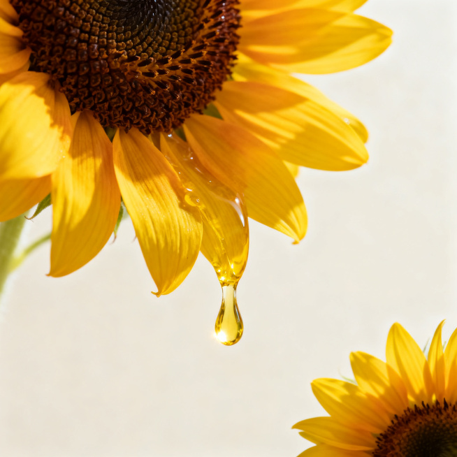高清写实风格的向日葵特写，明亮的金黄色花瓣边缘带有自然的渐变光影，深棕色花盘布满细密的籽粒纹理，花瓣上悬挂着晶莹剔透的黄色油滴正缓缓滴落，油滴表面反射出高光，背景为干净柔和的米白色，右下角点缀一朵较小预览效果