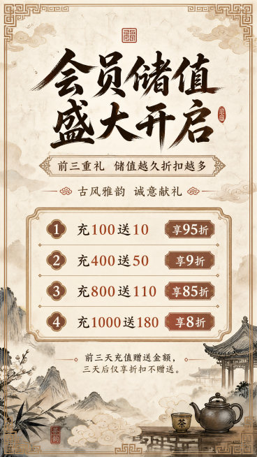 古风饮品店充值活动展板竖图海报，整体采用中国古风风格，宣纸背景搭配传统云纹、回纹装饰元素，配色偏典雅赭石、茶棕水墨色调。主标题为"会员储值 盛大开启"，副标题为"前三重礼 储值越久折扣越多"，装饰文案预览效果