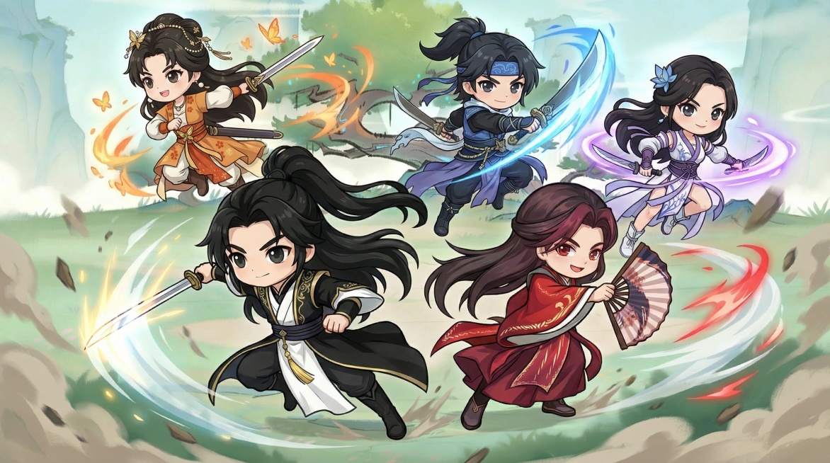 将提供的五个Q版古风角色放置在图片提供的古风旷野背景上，参考示例图的近大远小人物排布，让五个角色都保持Q版风格，动作夸张富有战斗感和冲击力，所有人都向着前方冲过来，每个人物都带有动作，整体是游戏宣传图预览效果