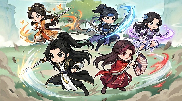 将提供的五个Q版古风角色放置在图片提供的古风旷野背景上，参考示例图的近大远小人物排布，让五个角色都保持Q版风格，动作夸张富有战斗感和冲击力，所有人都向着前方冲过来，每个人物都带有动作，整体是游戏宣传图风格，画面中不添加任何文字