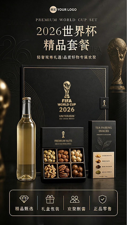 2026世界杯电商零售酒休闲食品宣传奢华黑金色手机竖版海报