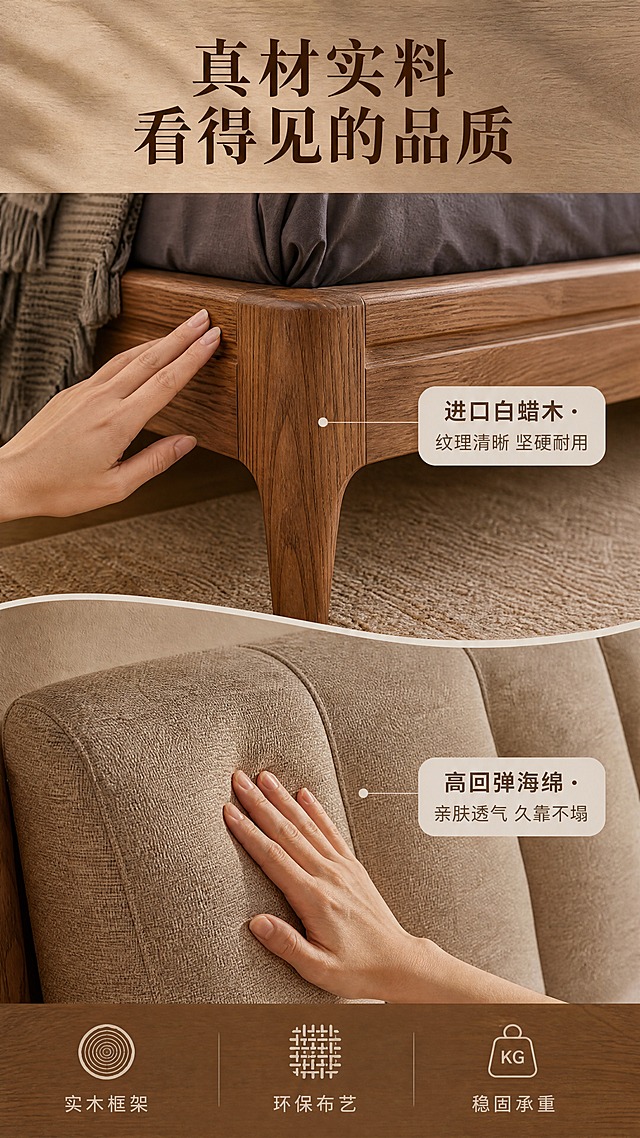 [商品] 使用【图1】白蜡木布艺软包双人床；保留胡桃木色白蜡木床架、浅咖色布艺软包床头、竖条软包造型、实木床腿、整体结构比例和颜色；微距增强木纹肌理、布艺面料纹理和缝线细节，不改变床的款式结构。
[画面] 目标：材质工艺证明页，展示白蜡木实木与布艺软包的品质细节。上下分栏构图，上半部分为白蜡木床腿/床架木纹微距特写，下半部分为布艺软包面料按压特写；中间穿插材质说明标签；一只手轻轻触摸木纹/按压软包面料，体现真实触感；暖调侧光突出材质层次。
[视觉] 套系策略：风格=北欧中古风高级商业家居摄影；标题字=现代宋体粗体；正文字=简洁无衬线体；主色=胡桃木棕+浅咖；背景延展=基于暖木棕做深浅层级、同色渐变和细腻木纹/纸质感；强调色=奶白色，仅用于小面积图标、引线和标签；标题色=深胡桃棕；正文色=暖灰棕；组件=圆角浅底信息卡、细线引线、木质纹理点缀；光影=左前侧暖柔光，自然窗影。
[文字] 顶部主标题「真材实料 看得见的品质」（10字）；上半区木纹旁标签：「进口白蜡木 · 纹理清晰 坚硬耐用」；下半区软包旁标签：「高回弹海绵 · 亲肤透气 久靠不塌」；底部3个icon小标签：「实木框架」「环保布艺」「稳固承重」；文字横排，手机端清晰可读。
[规格] 图片比例9:16竖版，4K，避免变形、错字、文字过小、冷蓝/冷灰背景、床颜色改变、结构失真、绝对化用语。