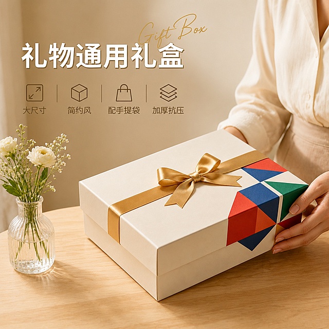 [单张主图] 礼物通用礼盒 高级氛围感主图，展示产品真实使用场景，吸引用户点击。
[画面主体] 保持礼物礼盒外观（物理结构、材质质感、米白色主体、金色丝带蝴蝶结、边角红蓝色绿色几何拼接）与输入产品图绝对一致，杜绝任何变形和色差，精细化处理。礼盒放置在浅木色桌面，一位气质白领女士手扶礼盒侧边，盒子大小比例合理自然，桌面左侧摆放一只透明玻璃小花瓶，插着几支简约花艺。商品主体占画面约50%，完整不裁切。
[构图版式] 采用人景氛围型版式，礼盒放画面右侧中下部，背景为浅暖米色居家墙面，文字放在画面左上自然留白处，不遮挡产品和人物。
[场景元素] 浅木色桌面、浅暖米色墙面、透明玻璃花瓶、简约插花，人物仅露出手臂和部分身体，不抢占礼盒主体视觉。
[文案版式] 左上左对齐，大字文案"礼物通用礼盒"，米白色粗体无衬线，文字加细微深色描边保证清晰；下方四个轻图标卖点，依次为大尺寸、简约风、配手提袋、加厚抗压，每个卖点配简单线框图标和小字说明。主标题旁加英文手写装饰"Gift Box"。
[光影质感] 主光为从左侧射入的自然柔和窗光，整体光线温暖通透，礼盒和桌面有自然柔和投影，材质表现清晰真实，浅景深虚化背景，突出礼盒主体。
[配色字体] 主色调为浅暖米、浅木色，辅助色提取礼盒本身的红、蓝、绿和金色，低饱和温馨舒适；字体采用轻无衬线，字重克制，主标题字号最大，卖点字号缩小对比清晰。
[比例分辨率] 1:1比例，2k分辨率，文字清晰可辨，超高清画质。
[负向提示词] 变形，文字错乱，产品图模糊，背景杂乱，水印，电商平台Logo，错字，糊字，主体遮挡，错误结构