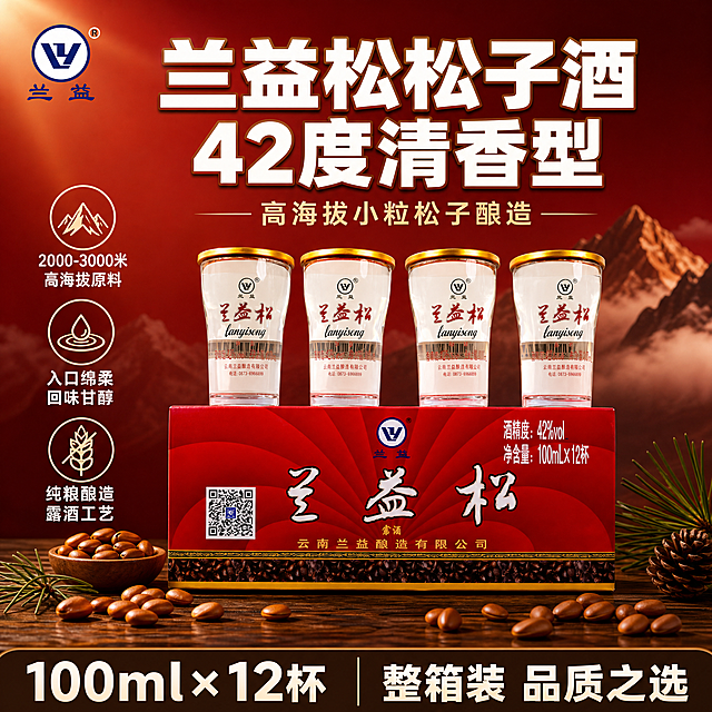 [单张主图] 兰益松松子酒100ml*12杯，爆款促销感主图路线，同时承担点击、理解、信任、转化四个任务，突出高海拔松子原料与纯粮露酒的品质感，适配淘宝/天猫平台，1:1正方形主图。

[画面主体] 画面中下部为产品主体，包含红色外包装盒与4杯杯装松子酒，包装盒正面朝上略偏右，杯装酒整齐排列在包装盒上方或前方错落摆放；产品外观、颜色、结构、Logo、文字排版与输入产品图完全一致，杯身透明、酒液清澈透亮，金色杯盖有金属光泽，红色包装盒质感厚实有光泽；主体占画面约55%-65%，完整不裁切。

[构图版式] 采用「顶部大标题型」版式：顶部约28%区域放品牌位与主标题及核心卖点；中部偏下为产品主体，占约55%；底部约17%放通栏信息条，承接规格与核心利益点。左上角安全区放置与产品一致的兰益品牌Logo。

[场景元素] 背景为暖红色到深酒红色的渐变底色，带细微径向光效，中央亮四周暗，突出产品；产品下方有深棕色木纹台面承托，带柔和接触阴影；产品周围点缀少量真实的云南高海拔小粒松子原料，散落于包装盒两侧和前方，部分松子带松针点缀，增加产地天然感；背景远处有极淡的高山云雾剪影，暗示2000-3000米高海拔产地；整体氛围温暖、有品质、有食欲感。

[文案版式] 左上角放品牌Logo「兰益」；顶部居中主标题分两行，第一行「兰益松松子酒」，第二行「42度清香型」，主标题用粗黑体，白色字加轻微金色描边，字号最大；主标题下方一行副文案「高海拔小粒松子酿造」，米黄色细黑体，字号约为主标题的40%；产品左侧竖向排列3组卖点图标加文字，从上到下依次为：「2000-3000米 高海拔原料」「入口绵柔 回味甘醇」「纯粮酿造 露酒工艺」，每组配简约线稿小图标，文字为白色小号黑体；底部通栏为深棕色半透明条，左侧大字「100ml×12杯」，右侧「整箱装 品质之选」，白色字体。

[光影质感] 商业摄影质感，主光从左上方45度斜射，产品表面有自然高光，杯身酒液通透有折射，包装盒红色漆面有细腻反光；产品下方有柔和自然的接触阴影，不悬浮；背景有轻微光晕，中心亮边缘暗，突出主体；整体光影温暖柔和，有食欲感和品质感。

[配色字体] 主色调：酒红色、暖红色、深棕色；辅助色：米白色、金黄色、松针绿；强调色：金色；字体统一用无衬线粗黑体，主标题粗重醒目，辅助文字清晰易读，字号层级分明。

[比例分辨率] 1:1正方形，2K分辨率，文字清晰可辨，产品细节锐利。

[负向提示词] 产品变形、杯身扭曲、文字错字、模糊不清、水印、二维码、平台Logo、杂乱背景、多余人物、悬浮产品、穿模、色差严重、松子形态错误、松针不自然、文字遮挡产品主体、低清晰度、伪Logo。