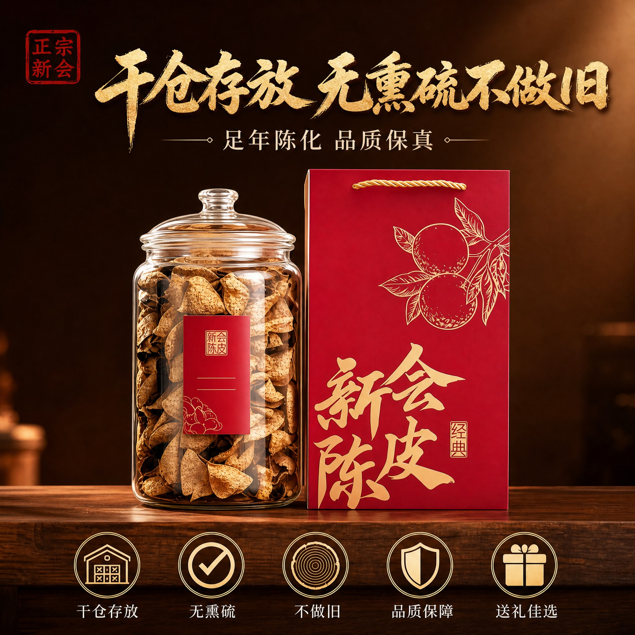 [主图-5] 新会陈皮品质承诺与礼盒展示图，强调干仓存放无熏硫… - 图片创意预览