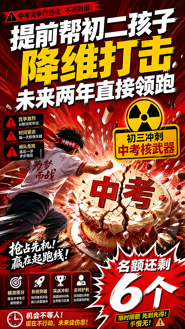 教育营销宣传图，紧张急迫的氛围，画面设计突出风险感，展示打破中考团队蛋糕的冒险动作，一个醒目的核武器图标标注着"初三冲刺中考核武器"，文字写着"提前帮初二孩子降维打击，未来两年直接领跑"，画面用爆炸红底大字突出"名额还剩6个"，整体风格紧迫感强，红色主色调，教育宣传海报