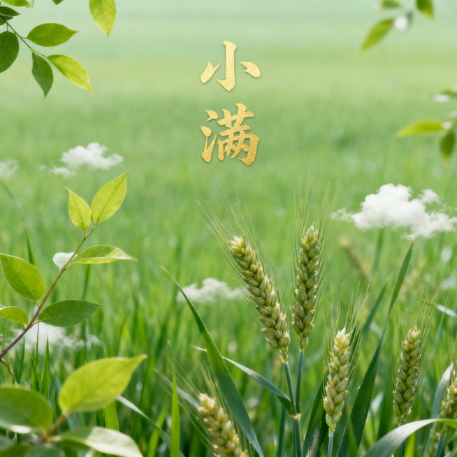 二十四节气小满，清新绿色自然风景，国风设计，文字"小满"，适合公众号头图，简约大气预览效果