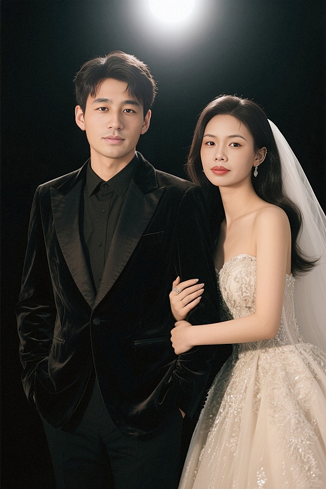 男生在左，女生在右，纯黑背景，一束顶光，男生穿着丝绒西装，女生穿着华丽的婚纱，女生搂着男生的胳膊