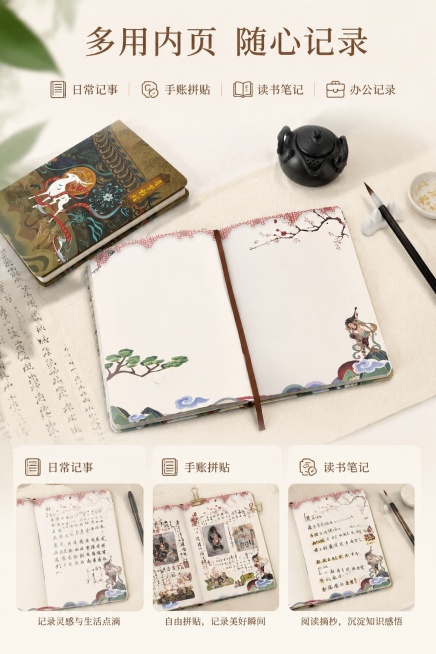 [第6屏] 使用体验屏，展示敦煌笔记本多种使用场景。本屏使用【图10】展示摊开书写内页效果。
[氛围/风格] 生活化使用场景，自然真实，氛围感种草
[元素布局] 主体为摊开笔记本展示空白书写区域，左侧预览效果