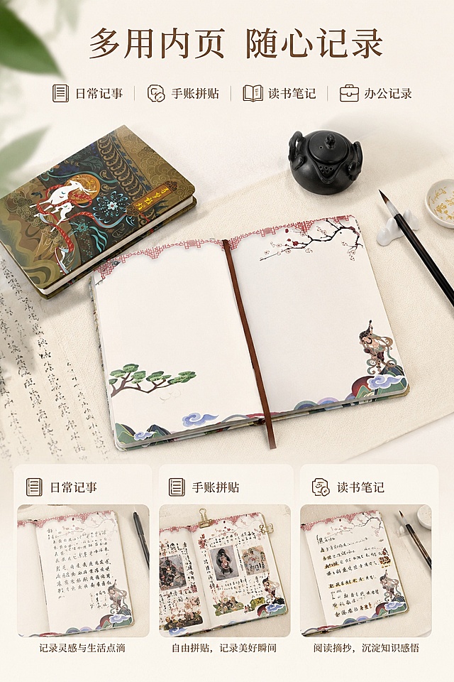 [第6屏] 使用体验屏，展示敦煌笔记本多种使用场景。本屏使用【图10】展示摊开书写内页效果。
[氛围/风格] 生活化使用场景，自然真实，氛围感种草
[元素布局] 主体为摊开笔记本展示空白书写区域，左侧放置闭合笔记本，右侧搭配简单文房小物装饰；画面分三小点展示不同使用场景：日常记事、手账拼贴、读书笔记，每个场景搭配小图标；保持产品外观结构与输入产品图一致。
[光影质感] 柔和自然光，整体明亮通透，书写区域清晰可见。
[配色色系] 全局底色 #F8F5F0，主色米白纸色，辅助色敦煌壁画装饰色，点缀浅棕文字
[视角构图] 浅俯视拍摄，主体居中，层次分明。
[文字版式] 顶部标题「多用内页 随心记录」，下方分三点列出：「日常记事 / 手账拼贴 / 读书笔记 / 办公记录」，图标搭配文字，排版清晰易读。
[比例分辨率] 9:16 竖版比例，4K 分辨率，文字清晰可辨，高清画质。
[负向提示词] 产品变形，文字错乱，遮挡主体，文字过小，水印，背景杂乱