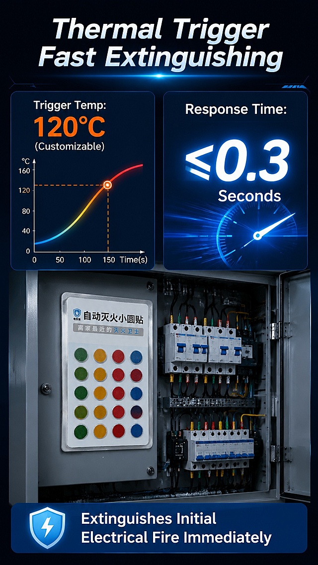 [第5屏] 核心性能实测屏，展示120℃温感触发极速灭火性能。本屏使用【图1】产品图。
[氛围/风格] 测试演示风格，视觉化展示性能优势，专业说服力。
[元素布局] 顶部主标题，左侧展示温度变化示意图，标注120℃精准触发点，右侧展示灭火响应时间数据≤0.3秒，下方展示产品贴装在电气箱内部场景图，保证产品外观与输入图一致。
[光影质感] 数据区域使用重点打光突出关键参数，整体明暗对比清晰，视觉引导明确。
[配色色系] 全局底色 #0F172A，主色科技蓝，120℃温度标注使用橙色强调，文字白色。
[视角构图] 上下分层构图，顶部标题，中部参数展示，底部场景应用，阅读逻辑清晰。
[文字版式] 主标题 "Thermal Trigger Fast Extinguishing"，左侧标注 "Trigger Temp: 120°C (Customizable)"，右侧标注 "Response Time: ≤0.3 Seconds"，底部说明文字 "Extinguishes Initial Electrical Fire Immediately"。
[比例分辨率] 9:16 竖版比例，4K分辨率，高清画质，文字清晰可辨。
[负向提示词] 产品变形，参数文字错误，文字错乱，文字过小，背景杂乱。